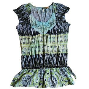 one world Live and Let Live Black Green Boho Beaded Neckline Peplum Blouse Sz L